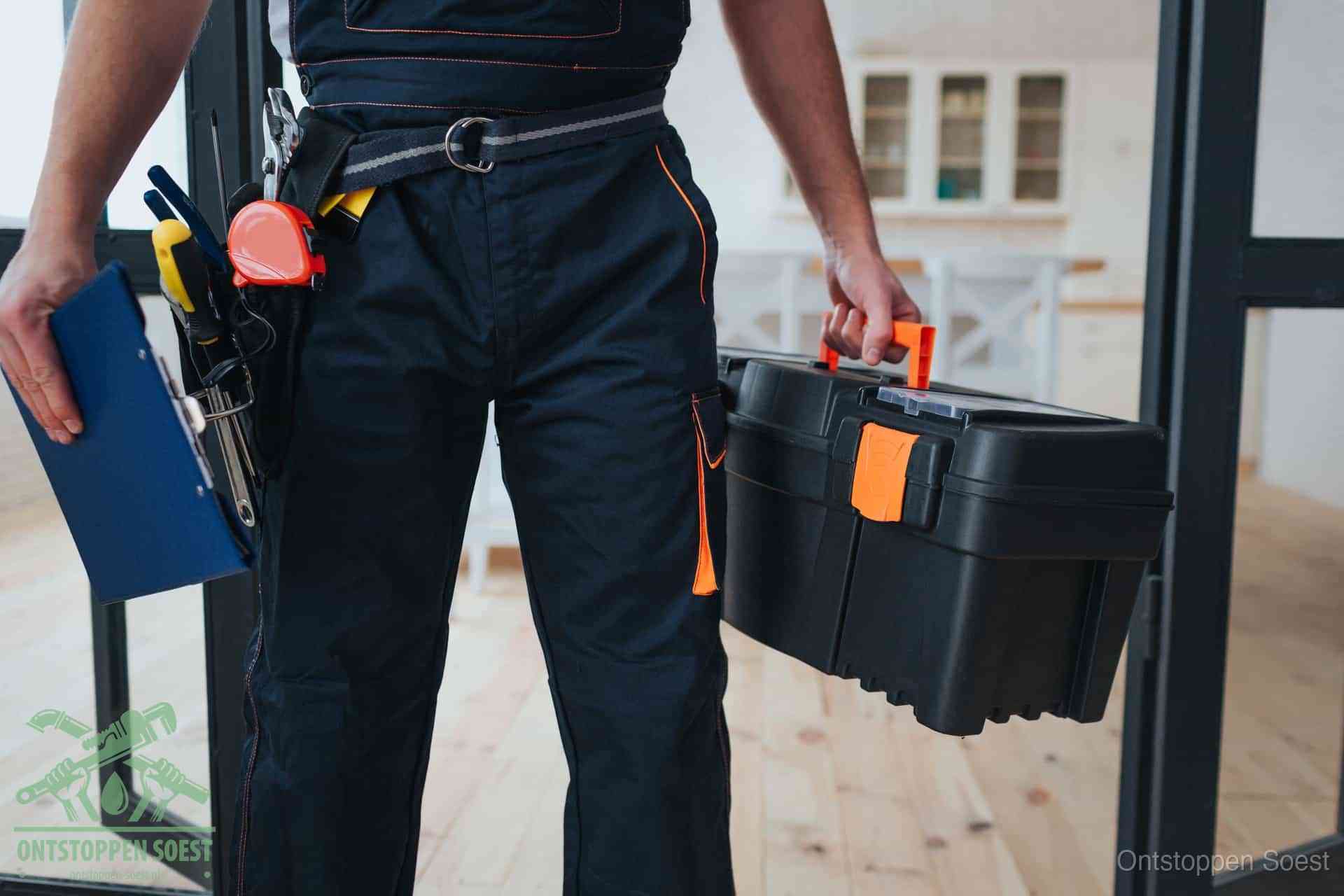 Een monteur met gereedschapsriem en klembord in een keuken, klaar om een transparante prijs voor het gootsteen ontstoppen in Soest te geven
