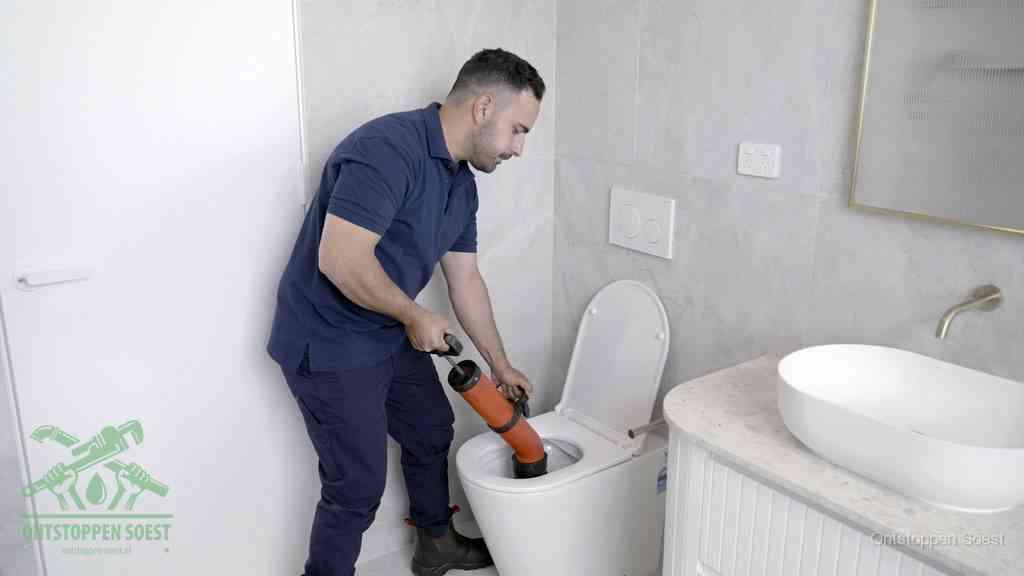 Een monteur gebruikt een handmatige perspomp (toiletontstopper) op een wandcloset tijdens het professioneel wc ontstoppen in Soest