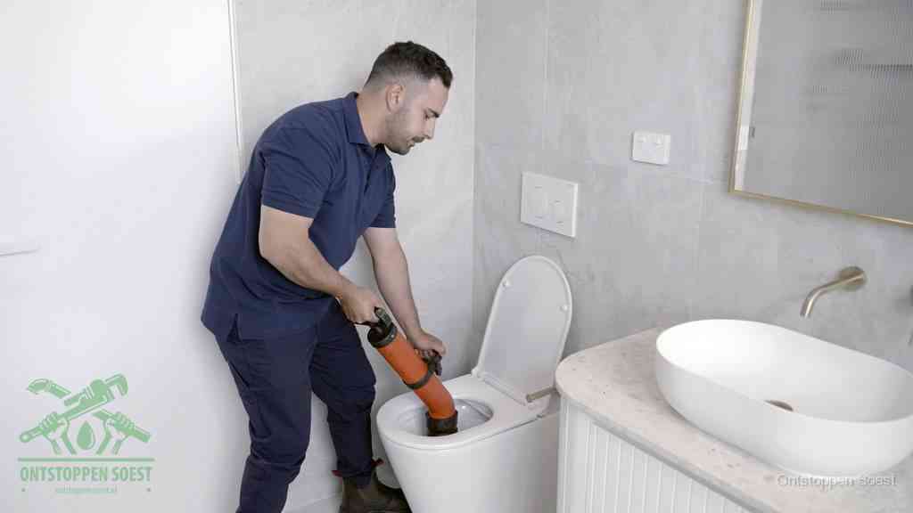 Een man gebruikt een handmatige luchtdruk-ontstopper in een modern betegeld toilet om zelf de wc te ontstoppen in Soest